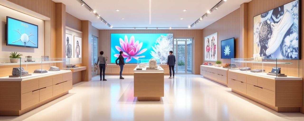 Ein modernes Ladenlokal mit integrierten digitalen Displays.