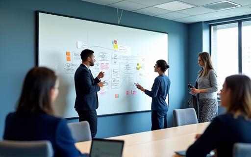 Ein Team, das an einem Whiteboard eine Strategie entwirft.